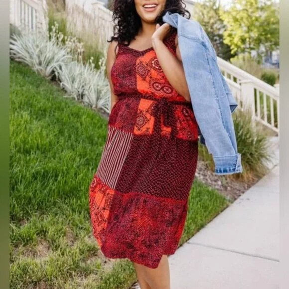 Lane Bryant Red Patchwork Sleeveless Dress 20 - Picture 2 of 16